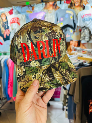 PREORDER Darlin' (red font) Real Camo Canvas Trucker Hat