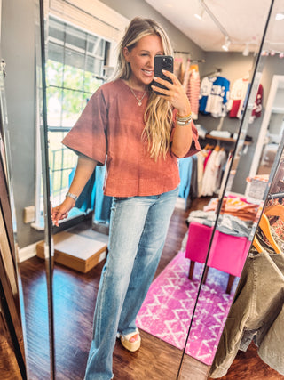 Touch Of Whimsy Stretch Denim Tie Back Detail Top - Brick