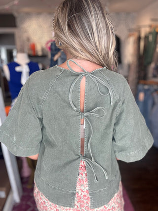 Touch Of Whimsy Stretch Denim Tie Back Detail Top - Ash Green