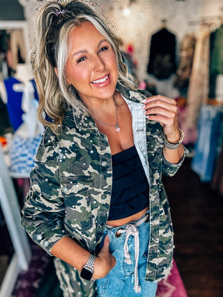 Country Side Camo Rhinestone Denim Shacket