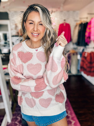 Pink Heart Pattern Pearl Embellished Sweater