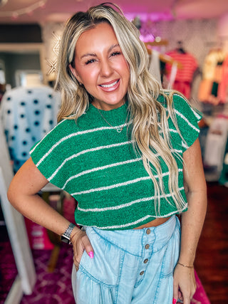 Striped Knit Sweater Vest Top-Kelly Green