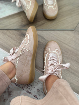 DOORBUSTER Eleanor Satin and Lace Sneaker- Nude Pink