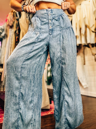 Mineral Washed Chambray Wide Pants-Dark