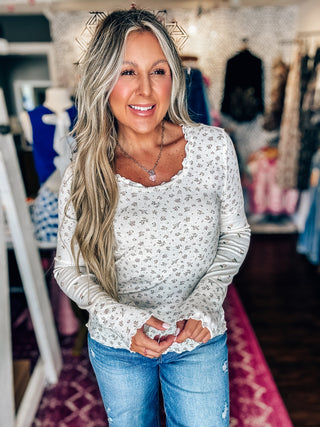 Blush Floral Printed Lettuce Hem Fitted Knit Top