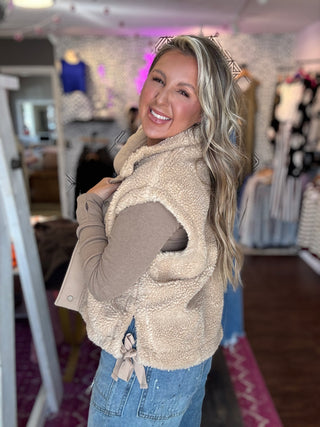 Cozy Mock Neck Sherpa Vest Jacket - Beige