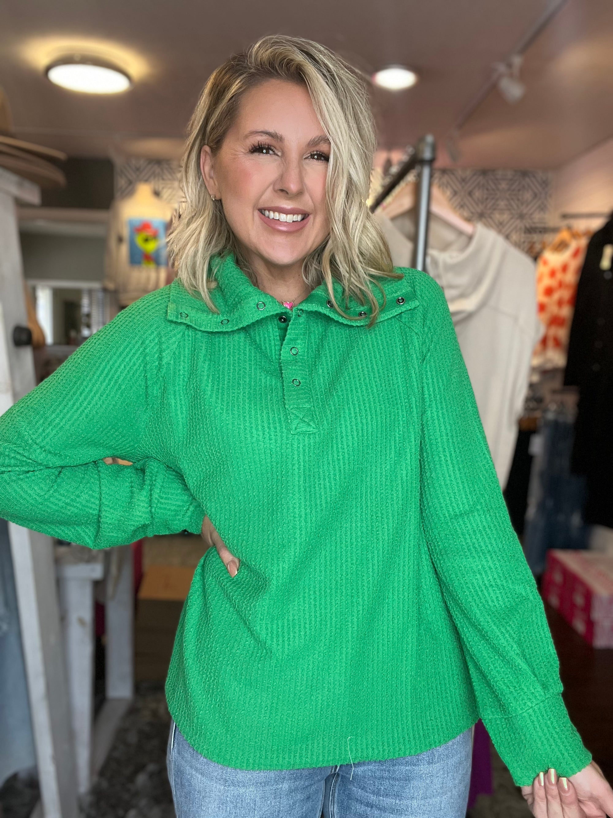 Kelly Green Wide Collar Textured Knit Top