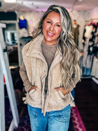 Cozy Mock Neck Sherpa Vest Jacket - Beige