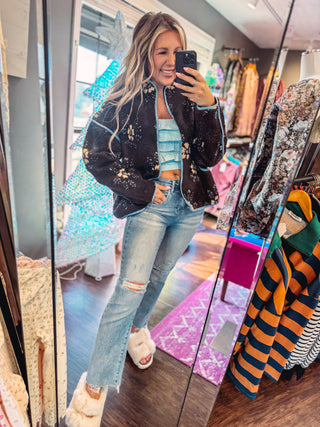 Oversized Floral Printed Fleece Sherpa Jacket-Chocolate