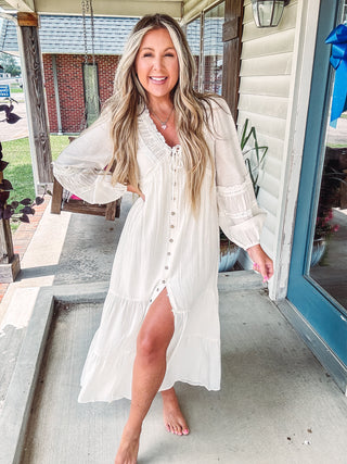 Love Abounds Button-up Balloon-Sleeve Maxi Dress - Cream