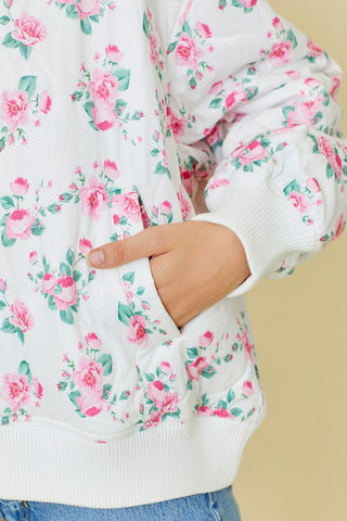 Quilted Pink Floral Print Long Sleeve Bomber Jacket