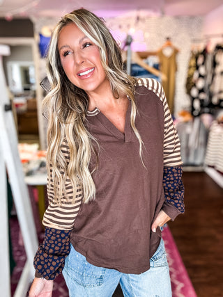 Oversized Floral & Stripe Casual Knit Top - Mocha