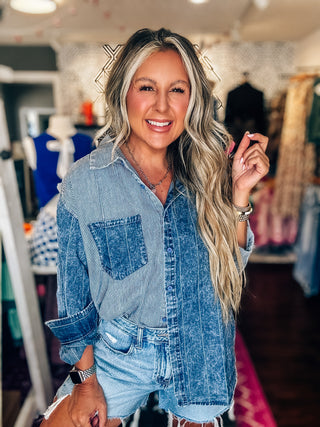 Mineral Washed Soft Denim Striped Shirt-Medium
