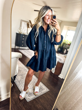 Tiered Button-Up Shirt Dress-Black