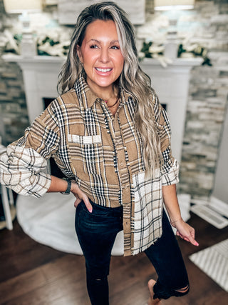 Mixed Plaid Mocha Oversized Casual Shacket Jacket