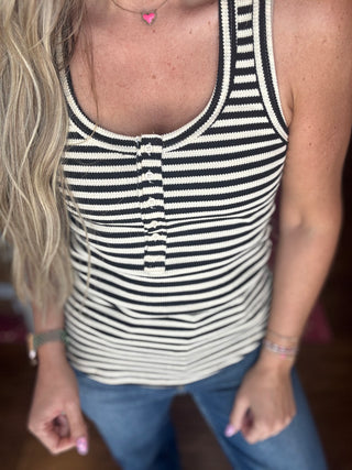 Striped Black/Tan Button Down Fitted Knit Tank Top