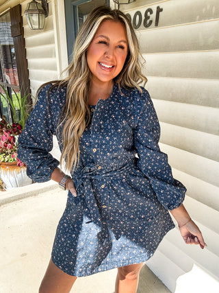Denim Floral Button Down Mini Dress-Midnight