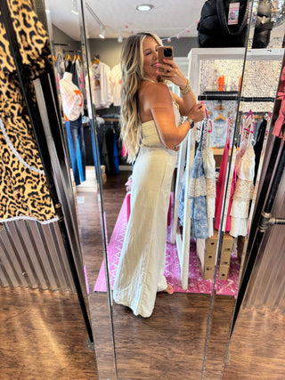 Here For It Wide-Leg Linen Halter Vest Jumpsuit - Oatmeal
