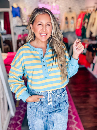 Oversized Striped Half Button Down Top- Yellow/Blue