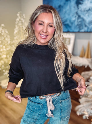 DOORBUSTER Elastic Hem Cropped Sweatshirt-Black