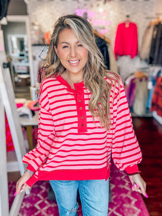 Pop Of Color Pink/Red Stripe Waffle Knit Top