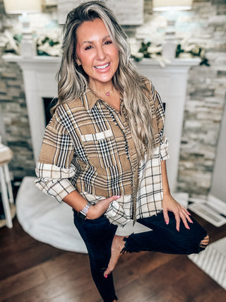 Mixed Plaid Mocha Oversized Casual Shacket Jacket