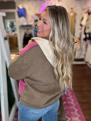 Brown Colorblock Zip Up Hoodie