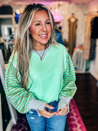 Oversized Striped Sleeve Casual Knit Top-Mint