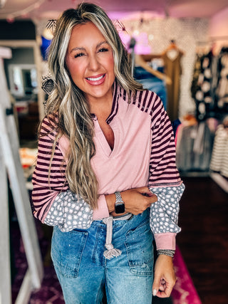 Oversized Floral & Stripe Casual Knit Top - Blush
