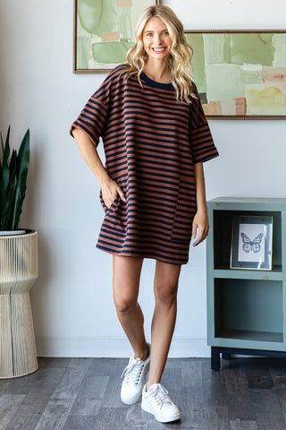 Stripe Knit Brick/Navy Oversized Tee Dress