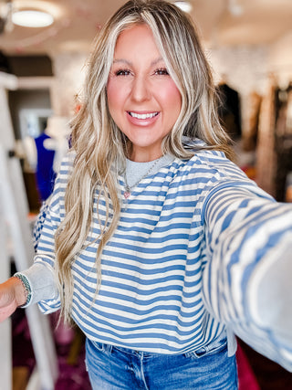 Stripe Comfy Casual Oversized Knit Top-Denim/Cream