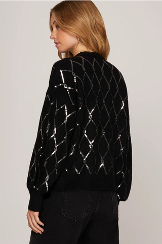 So Sparkly Black Sequin Diamond Pattern Sweater