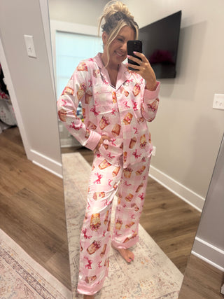 DOORBUSTER Coffee & Bows Print Satin Pajama Top