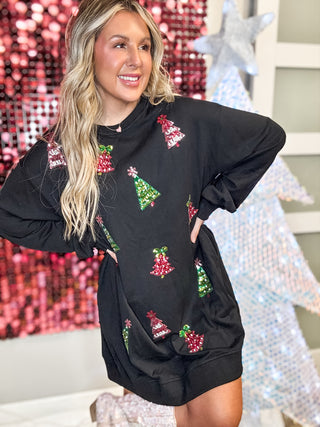 christmas sweatshirt dress Sequin Tree Black Sweatshirt Dress – Shop Stevies Boutique