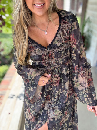 Boho Blossoms Floral Bell-Sleeve Midi Dress