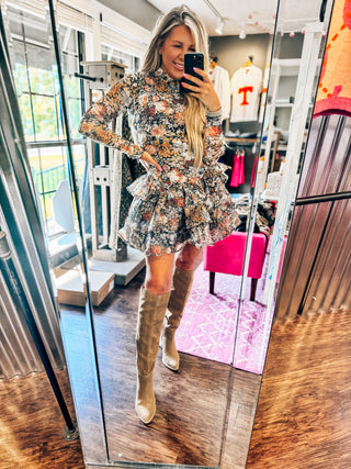 Fall Floral Mesh And Organza Ruffled Mini Dress