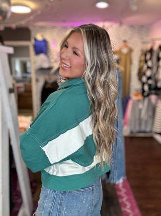 Block Striped Collar V-neck Sweatshirt- Hunter Green