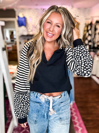 Oversized Floral & Stripe Casual Knit Top - Black