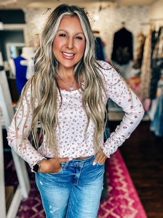 Pink Floral Printed Lettuce Hem Fitted Knit Top