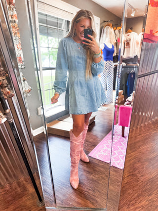 denim seam detail dress Washed Indigo Stretch Denim Seam Detail Maxi Dress