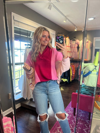 Vibrant Pink Colorblock Oversized Thermal Top