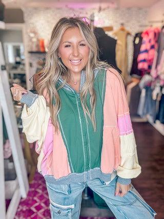 Jade And Pink Vintage Washed Bomber Hoodie