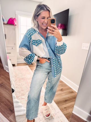 DOORBUSTER Long Sleeve Color Block Denim Hoodie Shacket