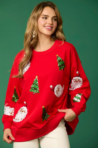 Red Sequin Santa & Christmas Tree Pullover