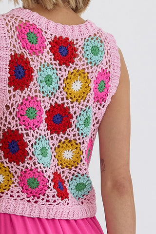 Floral Crochet Pink Knit Sleeveless Top