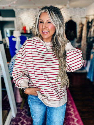 Stripe Comfy Casual Oversized Knit Top-Beige/Brick