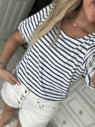 Elevate Your Style Navy Stripe Puff Sleeve Top