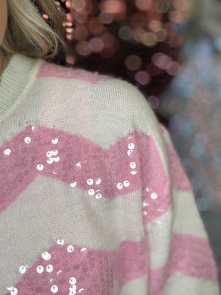 Pink And Cream Sequin Chevron Sweater