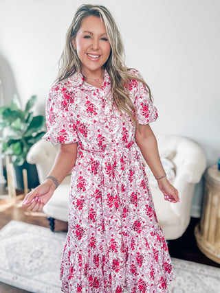 Red and Pink Cotton Patchwork Midi Dress