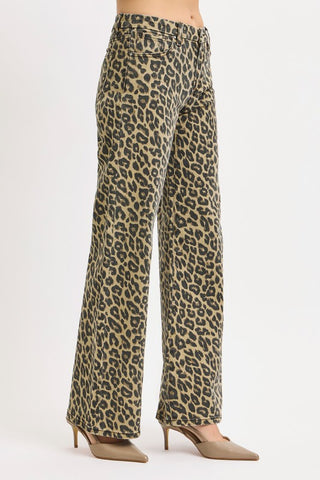 Risen Mid Rise Wide Leopard Print Pants